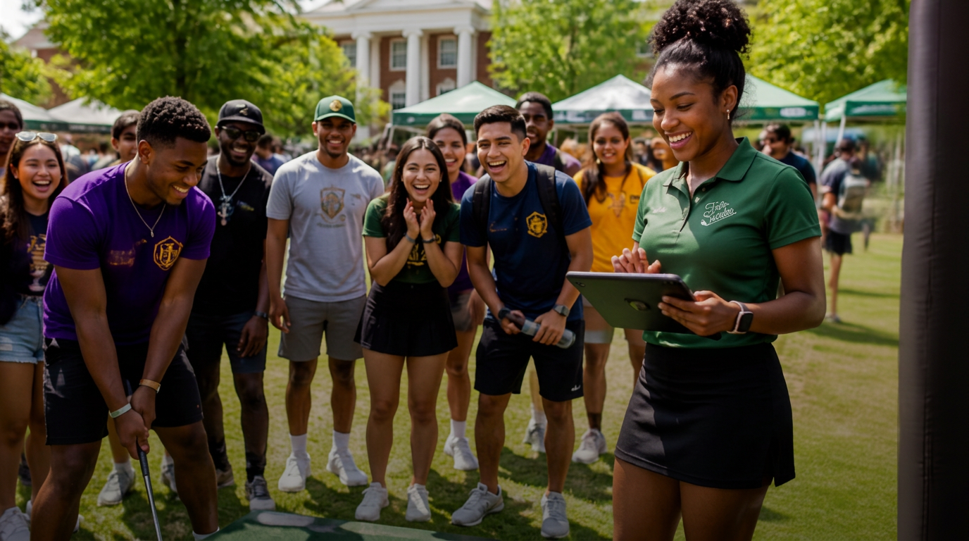 Fair Societee team at an outdoor college event with a mobile golf simulator